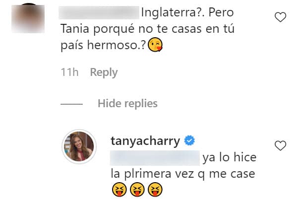 Esta sería la segunda ocasión en que Charry se casa. La primera lo hizo en Colombia y así se lo recordó a una seguidora. 
<br>