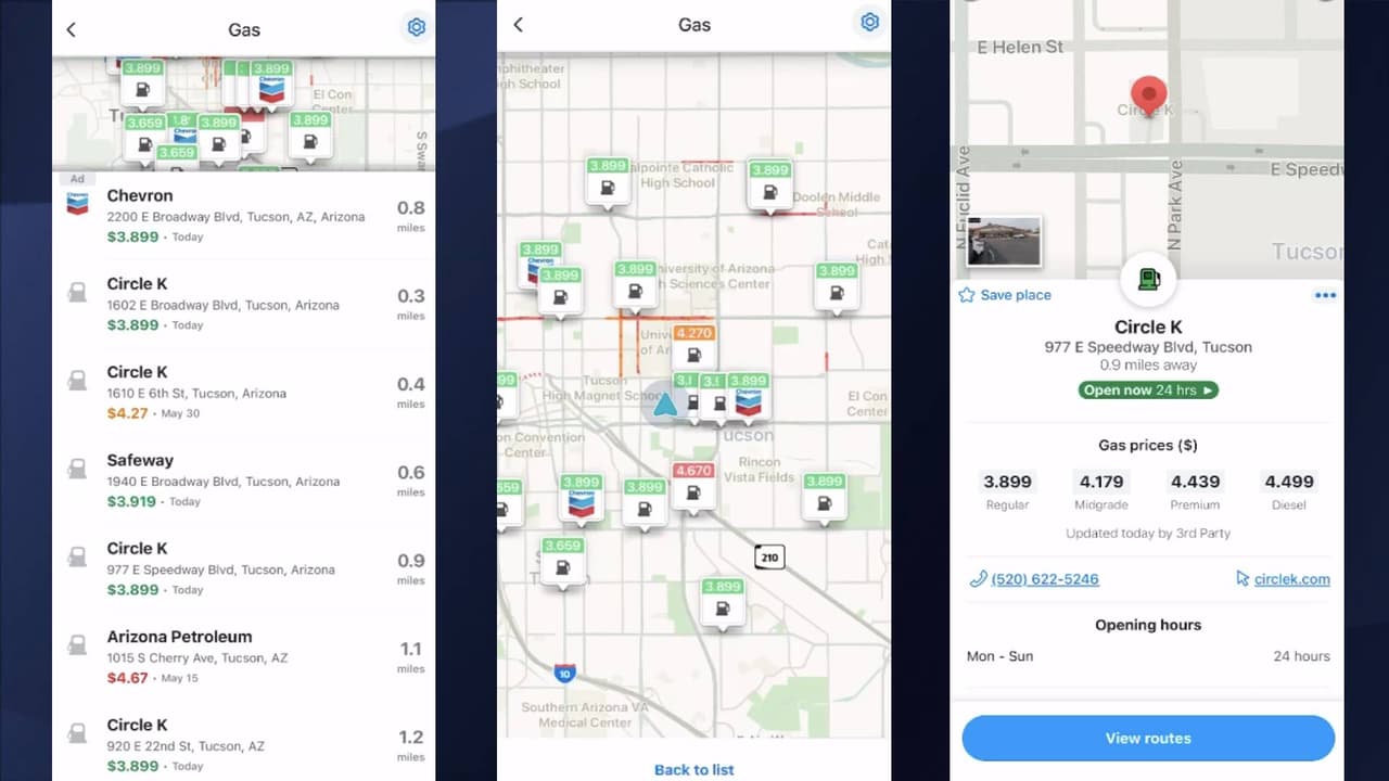 <b>Waze</b>
<br>Esta aplicación no sólo te ayuda a detectar las mejores rutas, evitar cierres de caminos o congestionamientos, también te permite encontrar la estación de servicio más cercana y/o con el mejor precio.
<br>
<br>Sólo abre la aplicación, selecciona el buscador y después da clic en el ícono de combustible, esto te desplegará las estaciones de gasolina en tu alrededor, así como el precio estimado de cada una.