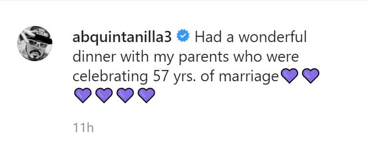 "Tuve una cena maravillosa con
<b> <a href="https://www.univision.com/famosos/los-papas-de-selena-celebraron-su-aniversario-de-bodas-57-y-tuvieron-invitados-especiales-fotos">mis padres que celebraron 57 años</a></b> de bodas", escribió A.B. Quintanilla. 
<br>