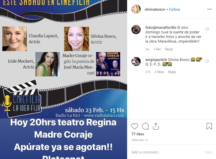 Su último trabajo actoral fue la obra de teatro 'Madre coraje', en la cual participó hasta el 3 de marzo, cuando su salud comenzó a deteriorarse y no quiso que el público se diera cuenta, informó Teleshow.