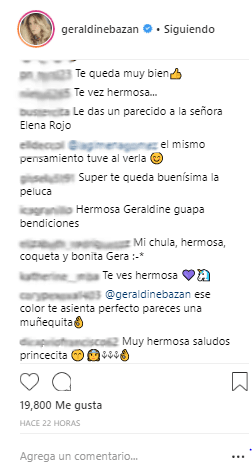 Lo seguidores de Geraldine no perdieron oportunidad para escribirle lo bien que se veía portando la peluca morada. Algunos usuarios, incluso, consideraron que se parecía a Helena Rojo.
