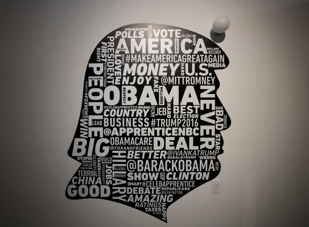 "Obama", "América", "grande", "nunca"...algunas de las palabras más tuiteadas por Trump fueron resumidas en esta visualización que aparece en la entrada de la 'biblioteca'. 
<b>"Malo"</b> ha sido usada por el mandatario en 534 ocasiones y 
<b>"triste"</b> otras 234 veces. Sobre sus hijos, 
<b>Ivanka</b> ha sido la más mencionada por él (554), seguida de 
<b>Donald Jr.</b> (314). En cambio se ha referido a
<b> Tiffany</b> en apenas 7 ocasiones, según el análisis del Daily Show. (Drew Angerer/Getty Images)