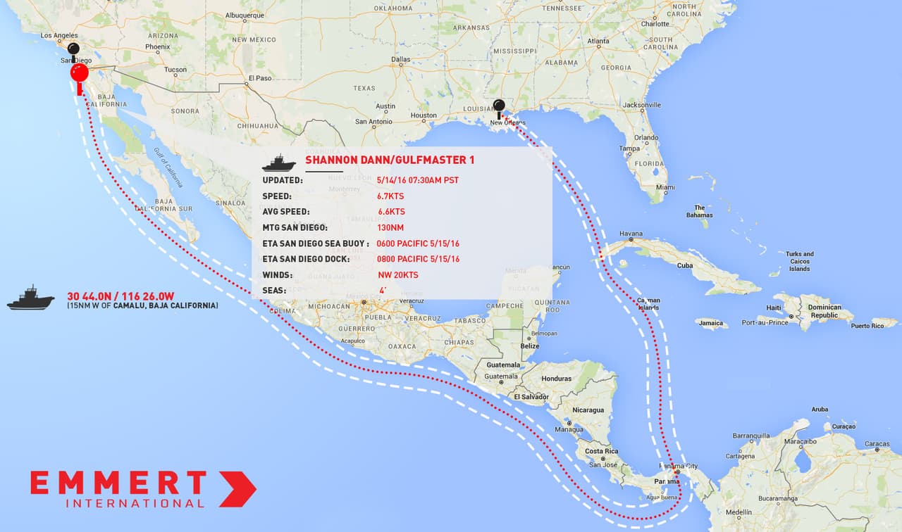 Mapa del recorrido de ET-94 del este de Estados Unidos al oeste a través del Canal de Panamá. En total, 37 días de viaje.
