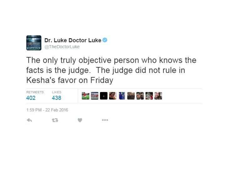 "La única persona realmente objetiva que conoce el caso es el jurado. Y el jurado no le ha dado la razón a Kesha", comentó hace varias semanas.