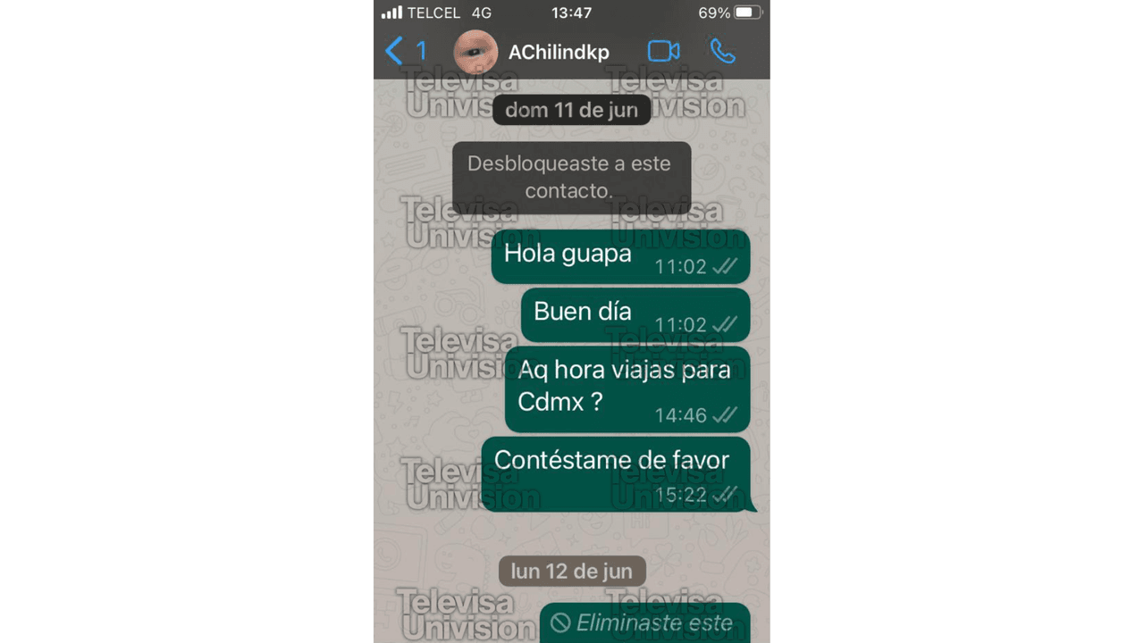 Mensajes de whatsapp de Octavio Capetillo enviados a Gloria Cházaro el once de junio de 2023