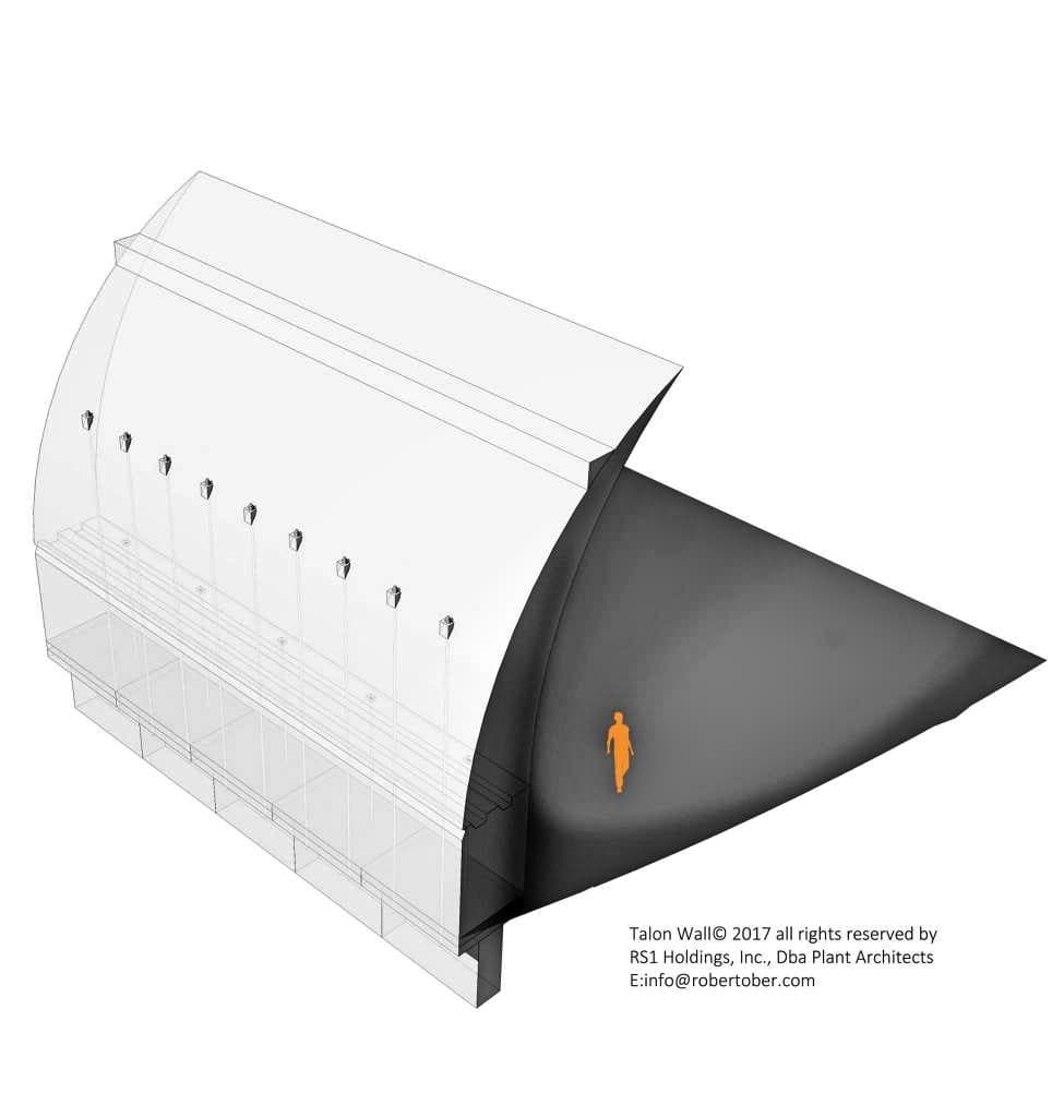 <b>La garra:</b> Un concepto de muro de concreto en curva de 30 pies de altura llamado ‘Talon Wall’.