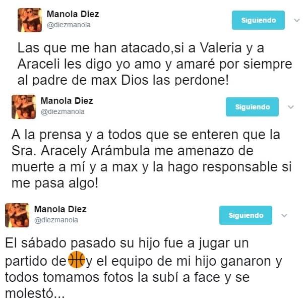 La actriz y conductora Manola Díez, señala en su cuenta personal de twitter que Aracely Arámbula la amenazó de muerte, por subir una fotografía donde aparecen los hijos de ambas en un partido de basquetbol.