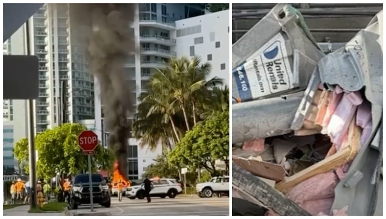 Grúa se desploma en Brickell dejando cuatro heridos y una BMW blanca en fuego