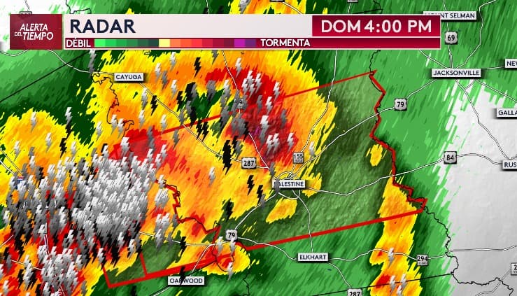 <b>Afecta parte del condado Anderson hasta las 5 p.m</b>. El riesgo se dirige hacia Palestine. Busque refugio y esté al tanto de las notificaciones.