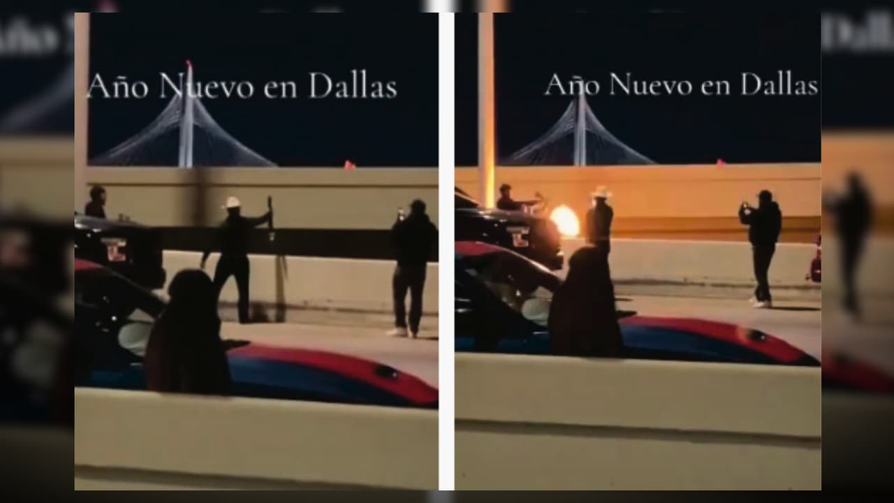 Video difundido en redes sociales muestra a dos hombres disparando desde el puente Margaret McDermott durante la celebración de Año Nuevo en Dallas.