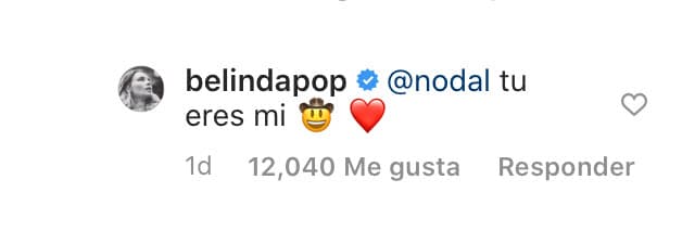 Ese comentario mereció una respuesta por parte de ella:
<b><a href="https://www.univision.com/shows/despierta-america/realmente-lo-vio-venir-o-solo-esta-lastimada-la-reaccion-de-la-ex-de-christian-nodal-al-romance-con-belinda-video" target="_blank">"Tú eres mi vaquero"</a></b>, dijo poniendo un emoticono de vaquero y un corazón.
<br>