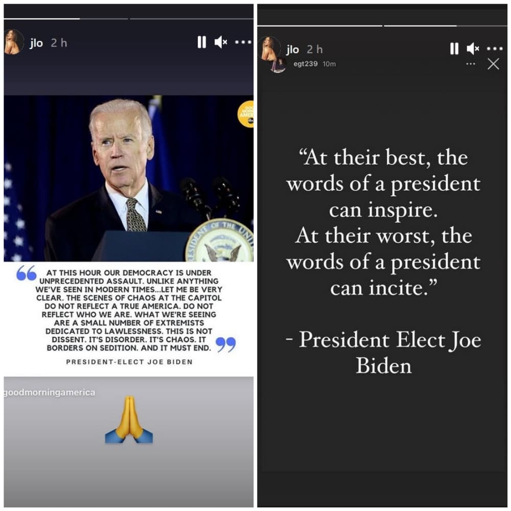 <b>JLo </b>retomó algunos mensajes de Joe Biden en sus historias de Instagram: "En el mejor de los casos, las palabras de un presidente pueden inspirar. En el peor de los casos, las palabras de un presidente pueden incitar".