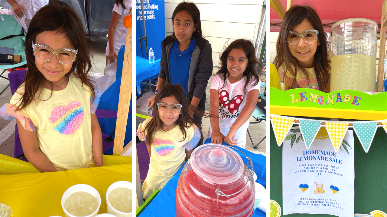 Isabella, de 7 años, tuvo la idea de vender limonada afuera de su iglesia para ayudar a refugiados de Ucrania
