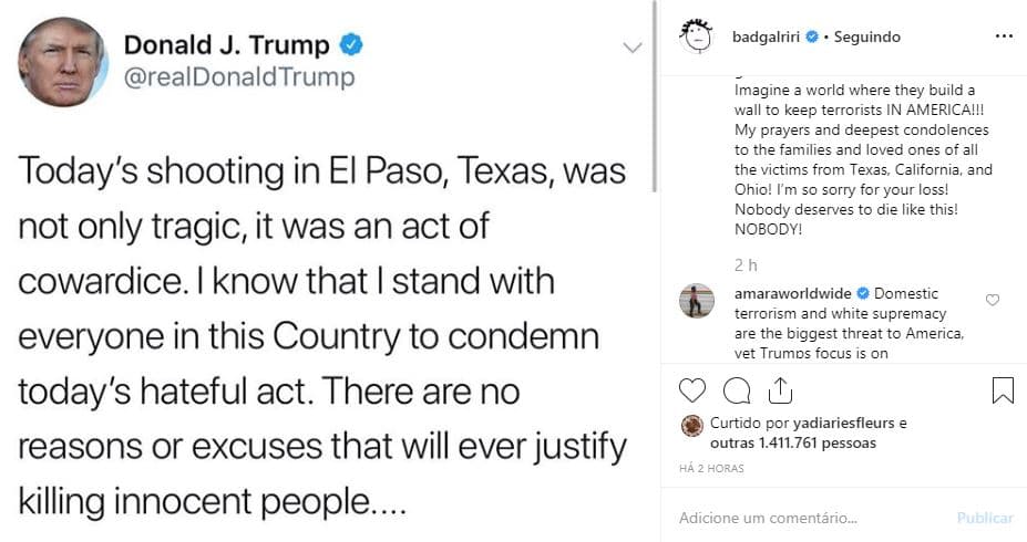 Rihanna se sumó a la ola de reacciones en redes sociales por parte de los famosos, incluso, cuestionó uno de los tuits emitidos por el presidente Donald Trump. "Donald, deletreaste mal 'terrorismo'. Su país tuvo 2 ataques terroristas consecutivos, separados por horas, dejando casi 30 personas inocentes muertas", indicó la cantante.