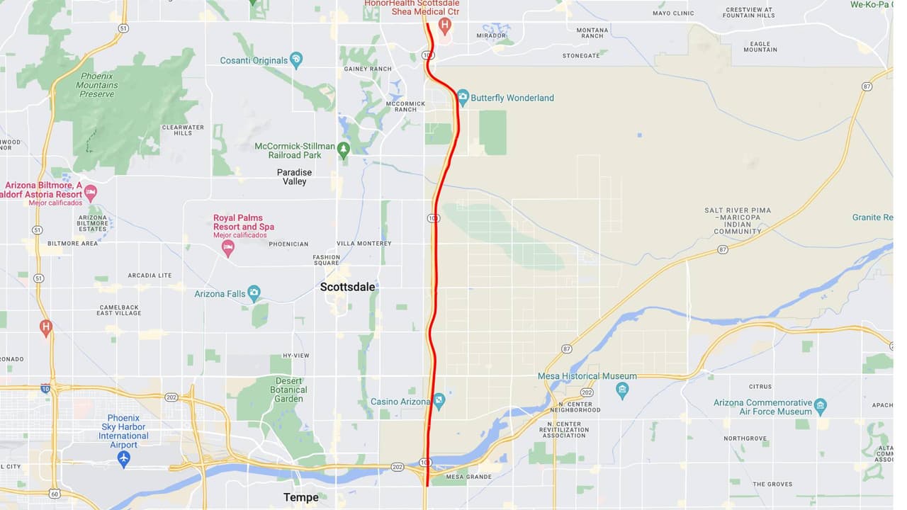 <b>Loop 101 Norte</b>
<br>El Loop 101 en dirección norte (Pima Freeway) cerrará entre Río Salado Parkway y Shea Boulevard desde las 10 p.m. del sábado y hasta la 1 p.m. del domingo.
<br>
<br>Ambas rampas del Loop 202 hacia el Loop 101 en dirección norte estarán cerradas.
<br>
<br>
<b>Rutas alternas</b>
<br>Considere usar la Ruta Estatal 51 en dirección norte, para llegar al Loop 101 en el norte del Valle. Los conductores también pueden considerar usar McClintock Drive/Hayden Road o Scottsdale Road en dirección norte.