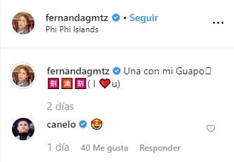 "Una con mi guapo. Te amo", escribió Fernanda Gómez en la
<b><a href="https://www.instagram.com/p/B5eU3MqhMFK/" target="_blank">red social</a></b> y 'Canelo' respondió con un emoji de enamorado.