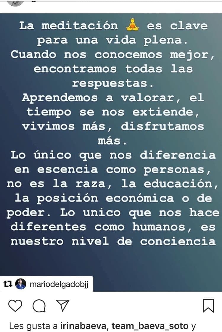 Además de sus logros profesionales y del box, que son los que más apoya Irina, también le 'gusta' las publicaciones que comparte Gabriel referente a temas de meditación.