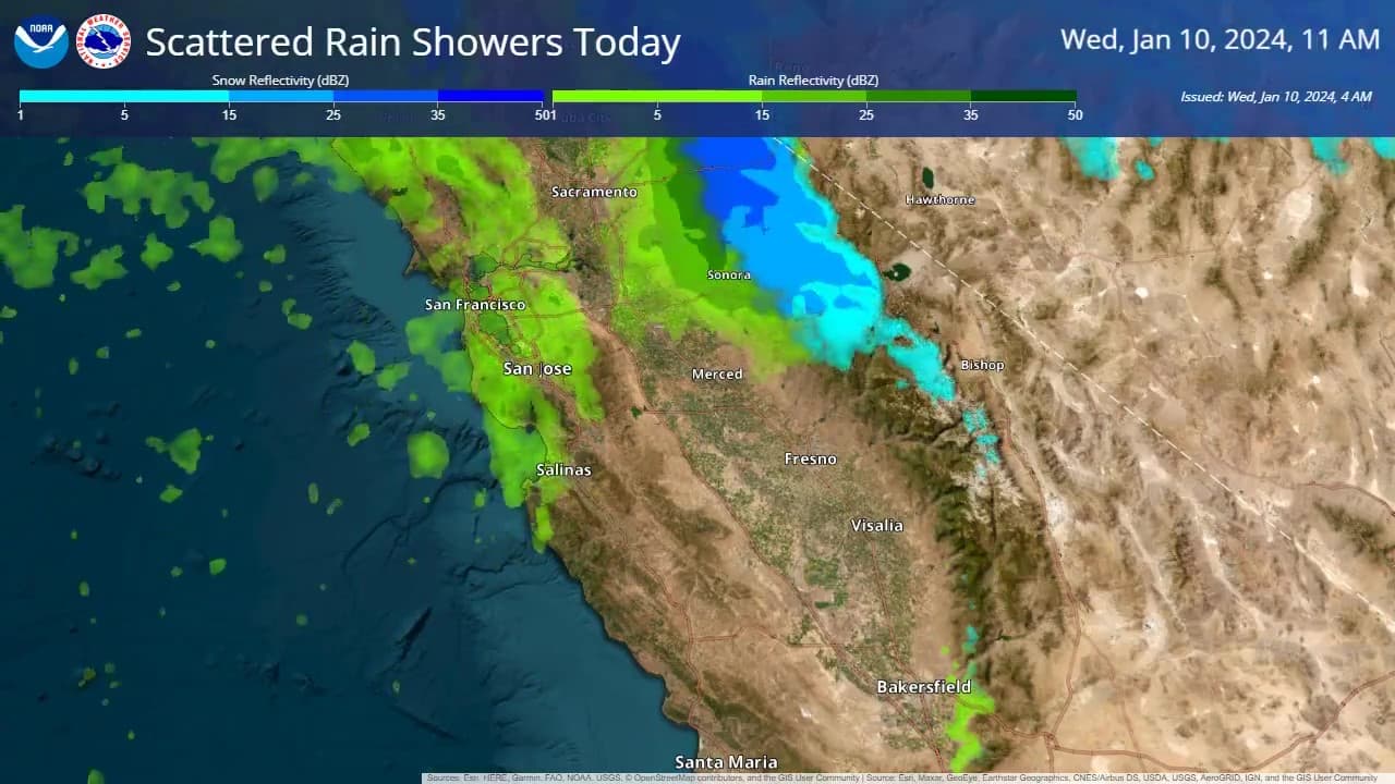 Una advertencia por inundaciones costeras estará vigente hasta las 11 am.
<br>
<br>Hacia las 11 am, las lluvias abarcan a San José y Salinas y se vuelven dispersas en algunas zonas del norte de la Bahía.