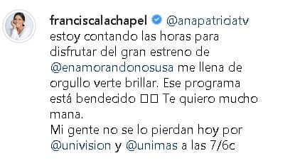 Prueba de ello fue que Francisca Lachapel estuvo muy atenta al estreno y lo compartió con sus seguidores de redes sociales.