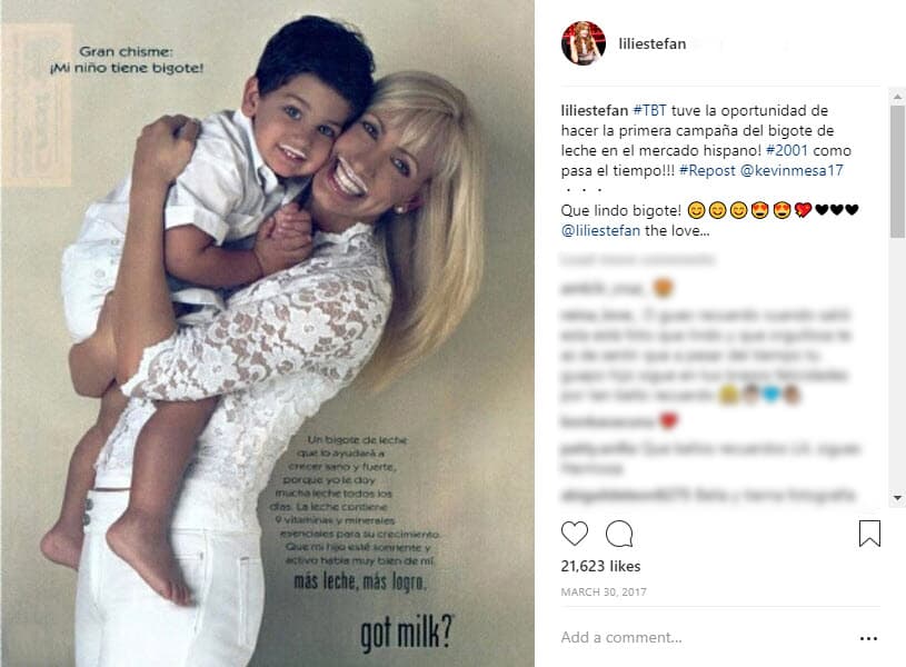 En 2001 Lili formó parte de la primera campaña para promover el consumo de leche y salió al lado de su hijo.
