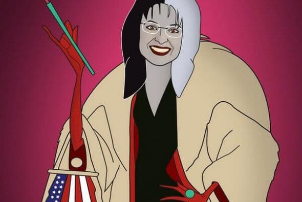 En esta foto la estadounidense Sarah Palin representada como Cruela Devil de la historia 101 dálmatas. Cortesía de Saint Hoax.
