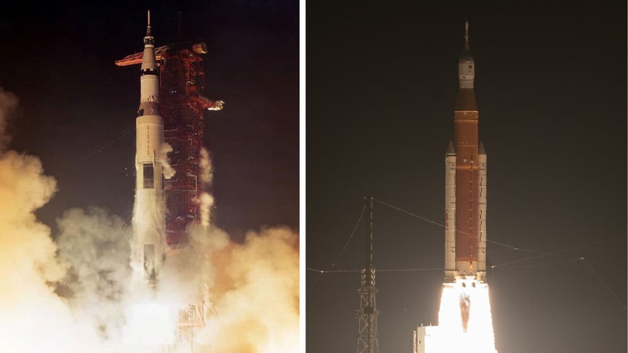 Casi 50 años después del último viaje a la Luna: La misión Apollo 17 despegó a las 12:33 a.m. del 7 de diciembre de 1972 (izquierda) y la misión Artemis I se lanzó a la 1:47 a.m. de este miércoles.