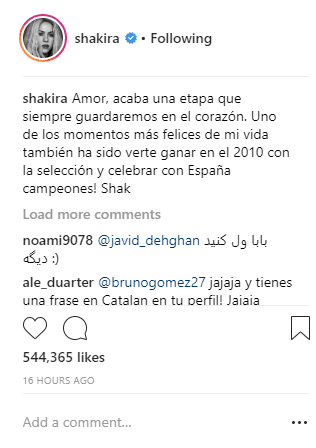 "Amor, acaba una etapa que siempre guardaremos en el corazón. Uno de los momentos más felices de mi vida también ha sido verte ganar en el 2010 con la Selección y, ¡celebrar con España campeones! Shak" escribió la cantante.
