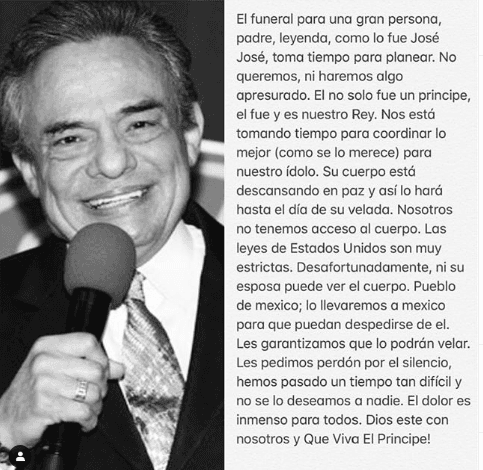 Tras la incertidumbre de los hijos mayores del cantante, recientemente Sara Sosa, emitió un comunicado donde confirma que el ‘Príncipe de la Canción’ tendrá dos homenajes, uno en Miami y otro en México. 
<br>