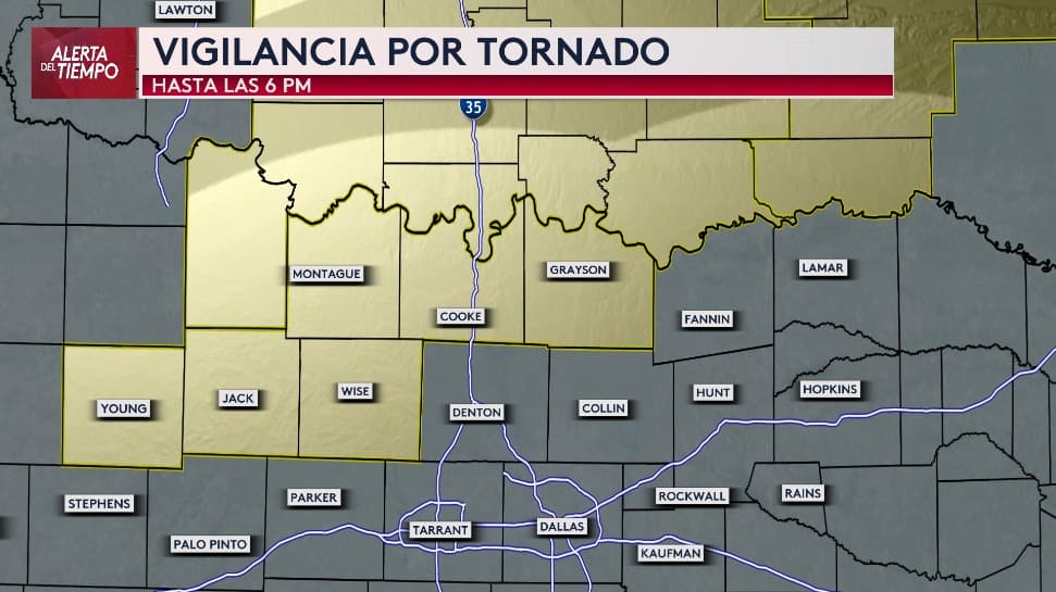 El Servicio Meteorológico Nacional ha 
<b>emitido una vigilancia por tornado para el noroeste del Metroplex hasta las 6 de la tarde</b>. Esta alerta abarca los condados de 
<b>Young, Jack, Wise, Montague, Cooke y Grayson.</b>