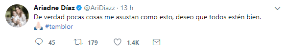 Poco después, la actriz comentó estar asustada por el sismo registrado en su país y deseo que todos estuvieran bien.