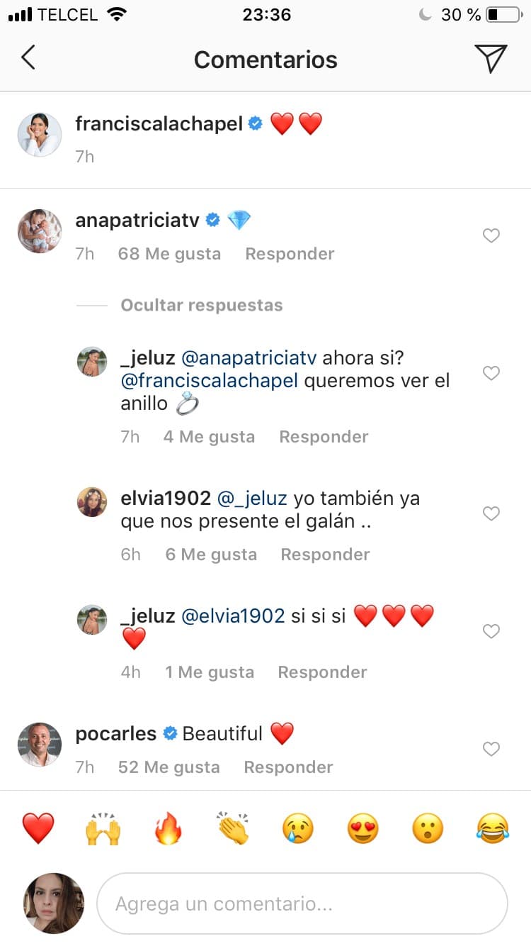 Una imagen que despertó curiosidad especialmente al ver el emoji de diamante que su amiga y compañera Ana Patricia puso debajo de la foto. Provocando que todos comenzaran a preguntarse si ya había anillo de compromiso en mano.