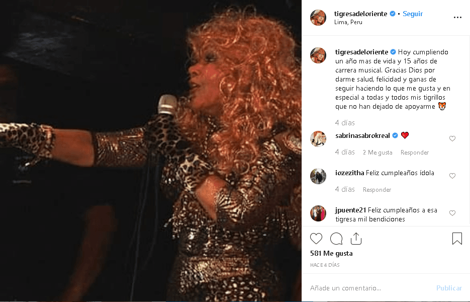 “Hoy cumpliendo un año más de vida y 
<b>15 años de carrera musical. </b>Gracias Dios por darme salud, felicidad y ganas de seguir haciendo lo que me gusta, y en especial a todas y todos mis tigrillos que no han dejado de apoyarme”, escribió la también compositora en la red social.