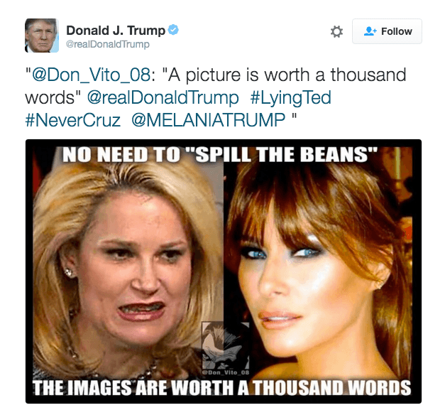 <b>La guerra de las esposas - </b>Las esposas de Ted Cruz y Donald Trump adquirieron un inesperado protagonismo en medio de la campaña. Trump amenazó a Cruz con "hablar de su esposa" luego de que un Comité de Acción Política (PAC en inglés) que apoyaba al senador usara una foto de Melania Trump desnuda en una publicidad. En respuesta,
<b><a href="http://www.univision.com/noticias/destino-2016/ted-cruz-a-donald-trump-los-verdaderos-hombres-no-atacan-a-mujeres" target="_blank">Trump retuiteó una imagen que las puso frente a frente para comparar su belleza</a></b>. "Una imagen vale más que mil palabras. No hay necesidad de soltar la lengua", se leía en la foto.