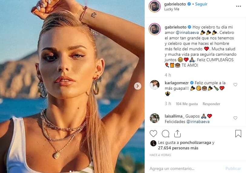 "Hoy celebro tu día mi amor, Irina Baeva. Celebro el amor tan grande que nos tenemos y celebro que me haces el hombre más feliz del mundo", escribió en 
<b><a href="https://www.instagram.com/p/B4CwafyDXWW/" target="_blank">una foto </a></b>de ella.