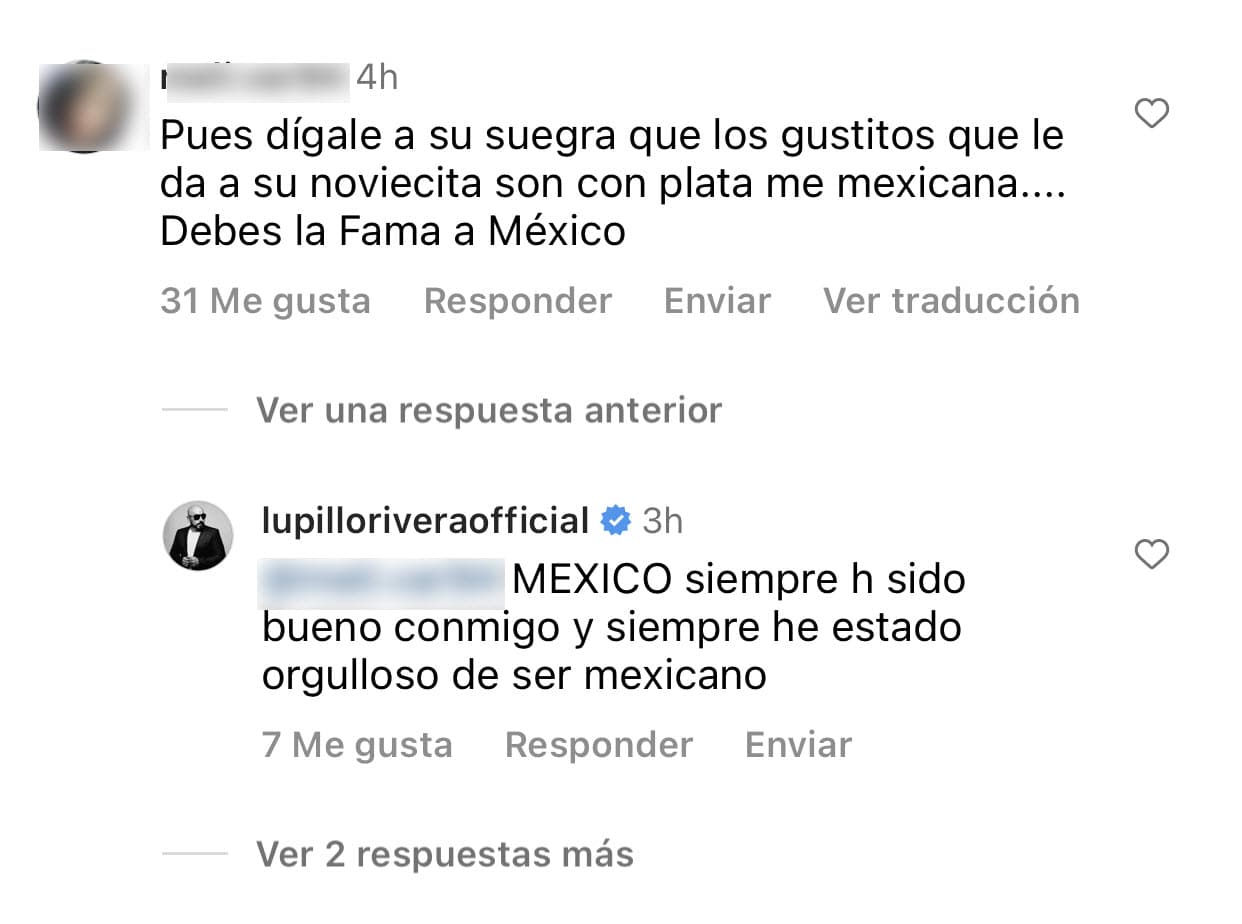 En un comentario más, insistió en lo "orgulloso" que se siente de "ser mexicano" al dar respuesta a quien siguió acusándolo de racista a raíz de los comentarios de su suegra contra Mayeli Alonso. 
<br>