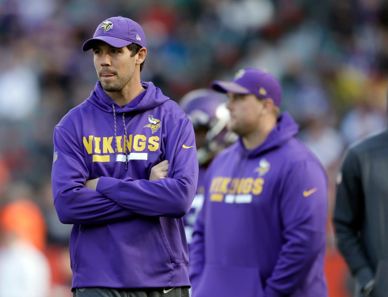 FILE - In this Oct. 29, 2017, file photo, Minnesota Vikings quarterback Sam Bradford stands on the field before an NFL football game against Cleveland Browns at Twickenham Stadium in London. The Vikings have activated Bradford from injured reserve, putting their original starter this season on the roster before their first playoff game against New Orleans. (AP Photo/Matt Dunham, File)