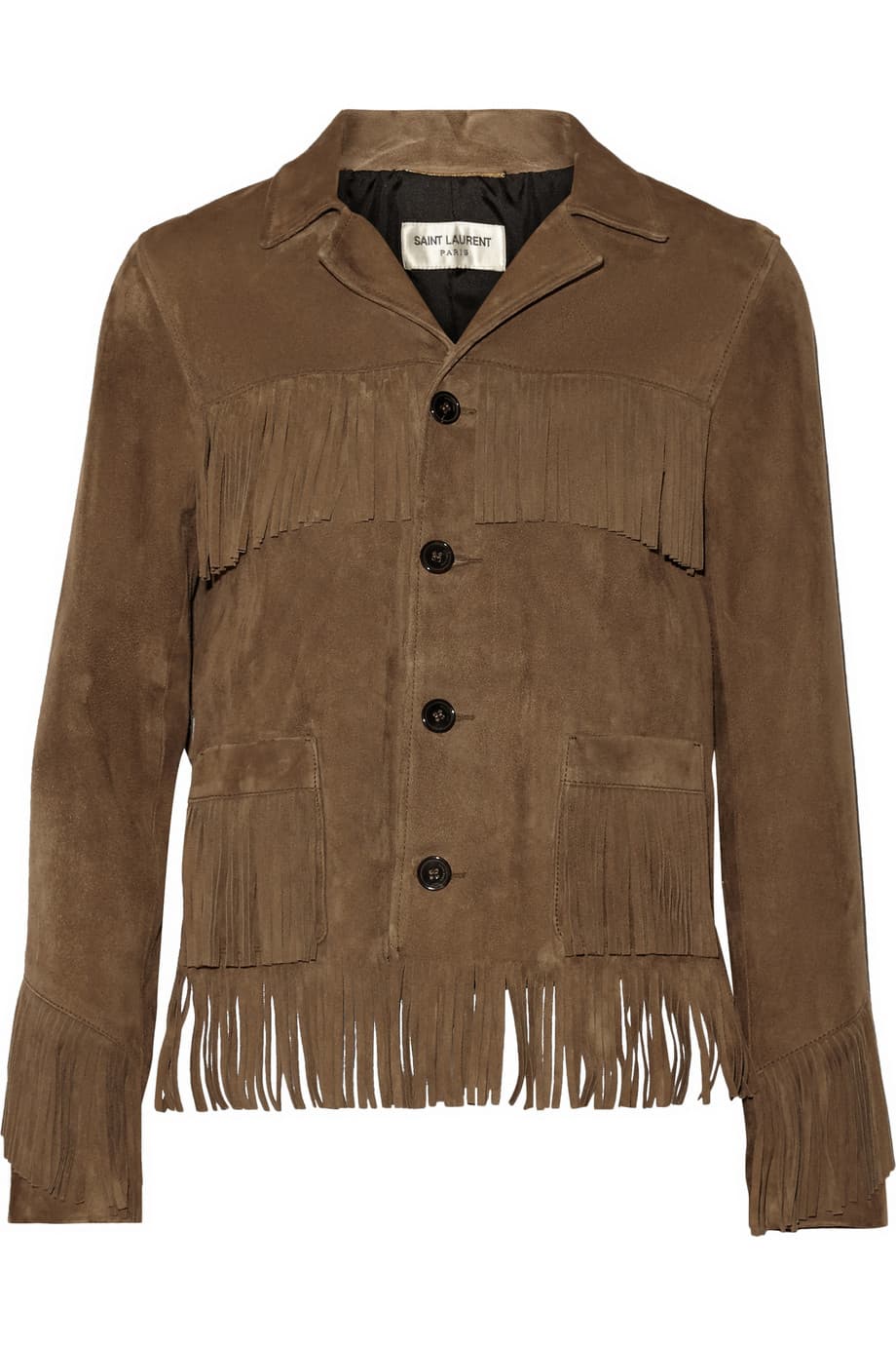 Porque siempre nos recuerda a los indios Navajos, porque nos lleva de viaje al viejo Oeste o a uno de los festivales musicales de los 70, pero, sobretodo, porque es naturalmente elegante y vestidora, nadie debería andar la vida sin una chamarra de gamuza y flecos. (Saint Laurent)