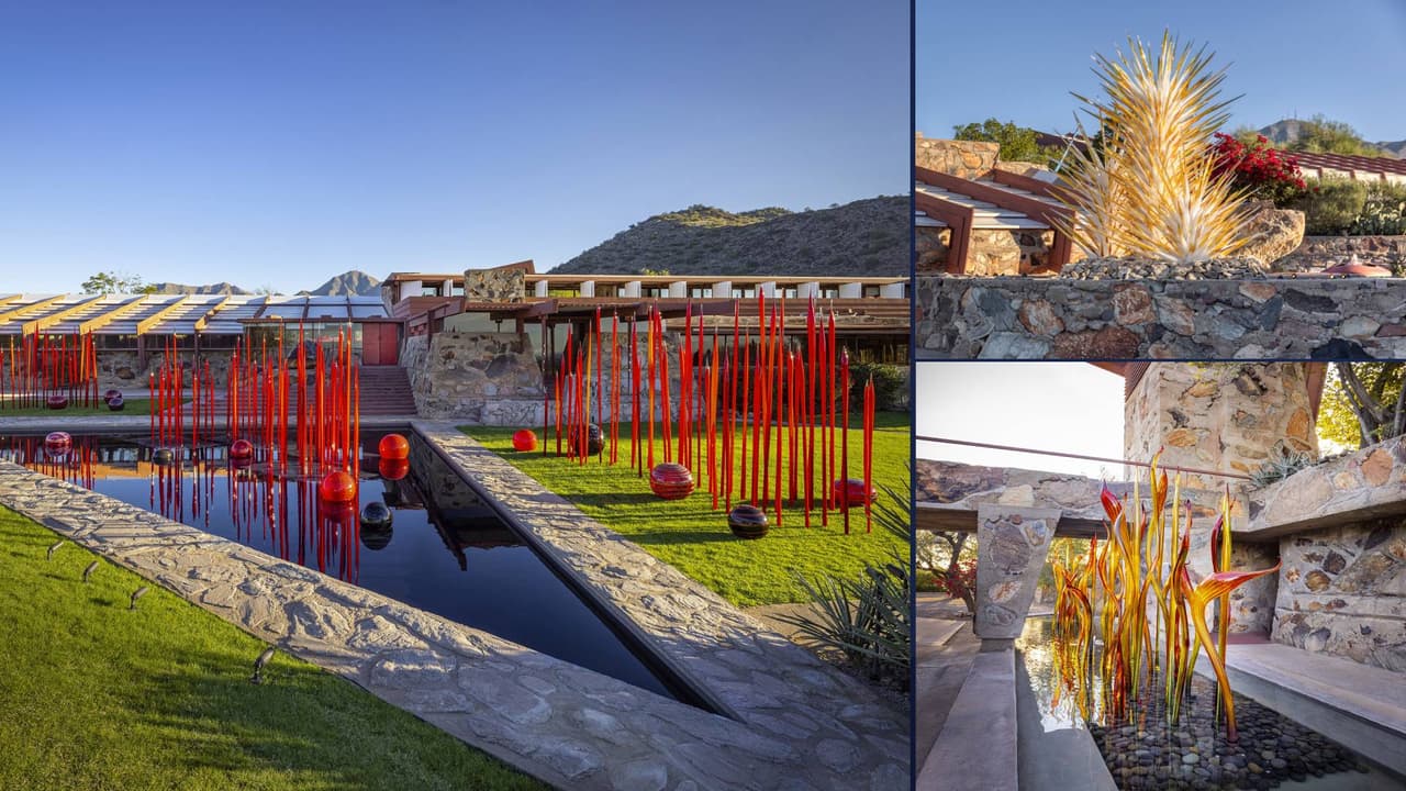 Las esculturas de vidrio del artista Dale Chihuly se podrán apreciar en la famosa casa y estudio de 
<a href="https://www.univision.com/local/nueva-york-wxtv/estos-edificios-de-frank-lloyd-wright-son-ahora-patrimonio-de-la-humanidad-fotos">Frank Lloyd Wright</a>, Taliesin West, en Scottsdale, Arizona.