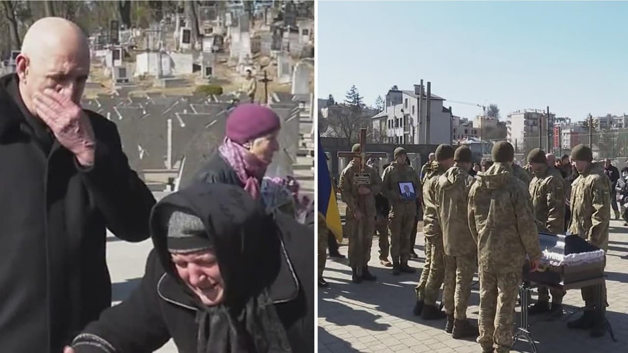 <b>Madre llora desconsolada sobre el cuerpo de su hijo, un soldado ucraniano que murió en un bombardeo</b>
<br>
<br>El uniformado es una de las víctimas mortales del bombardeo ruso a una base militar cerca a la frontera con Polonia en el que murieron 35 militares y otros 150 resultaron heridos. El soldado murió dos días después a causa de las graves heridas que sufrió durante el ataque aéreo.