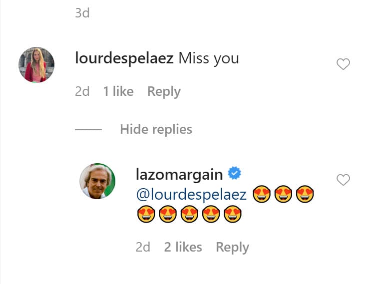 A través del
<b><a href="https://www.univision.com/famosos/el-viudo-de-edith-gonzalez-y-su-nueva-novia-derrochan-amor-ante-todos-en-redes-sociales-fotos" target="_blank"> intercambio de mensajes</a></b> se les percibe muy enamorados. El propio Lazo confirmó la relación en marzo pasado en una entrevista con ¡Hola!. 
<br>