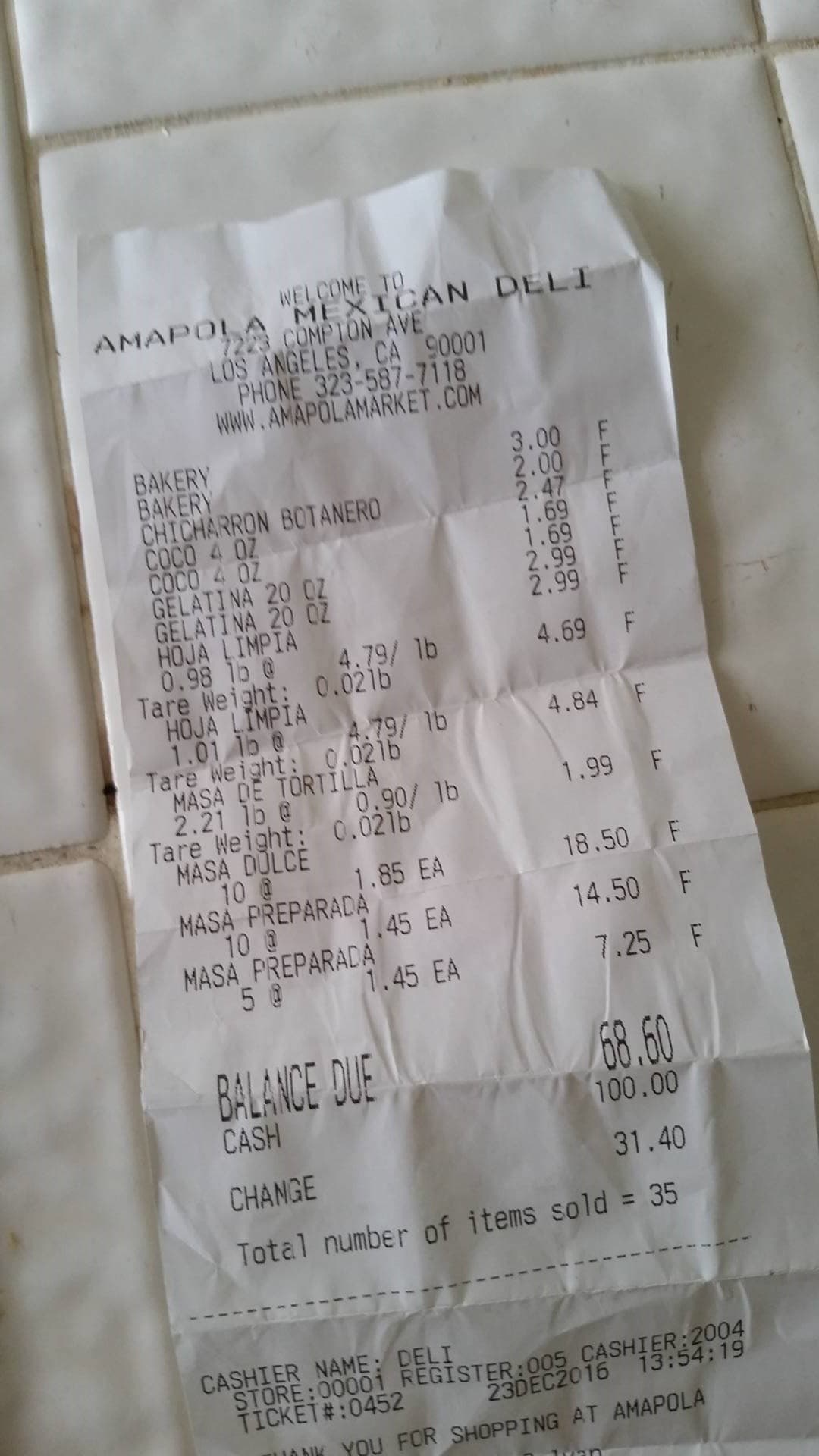 Recibo de compra de ingredientes en La Amapola para realizar tamales por Navidad.