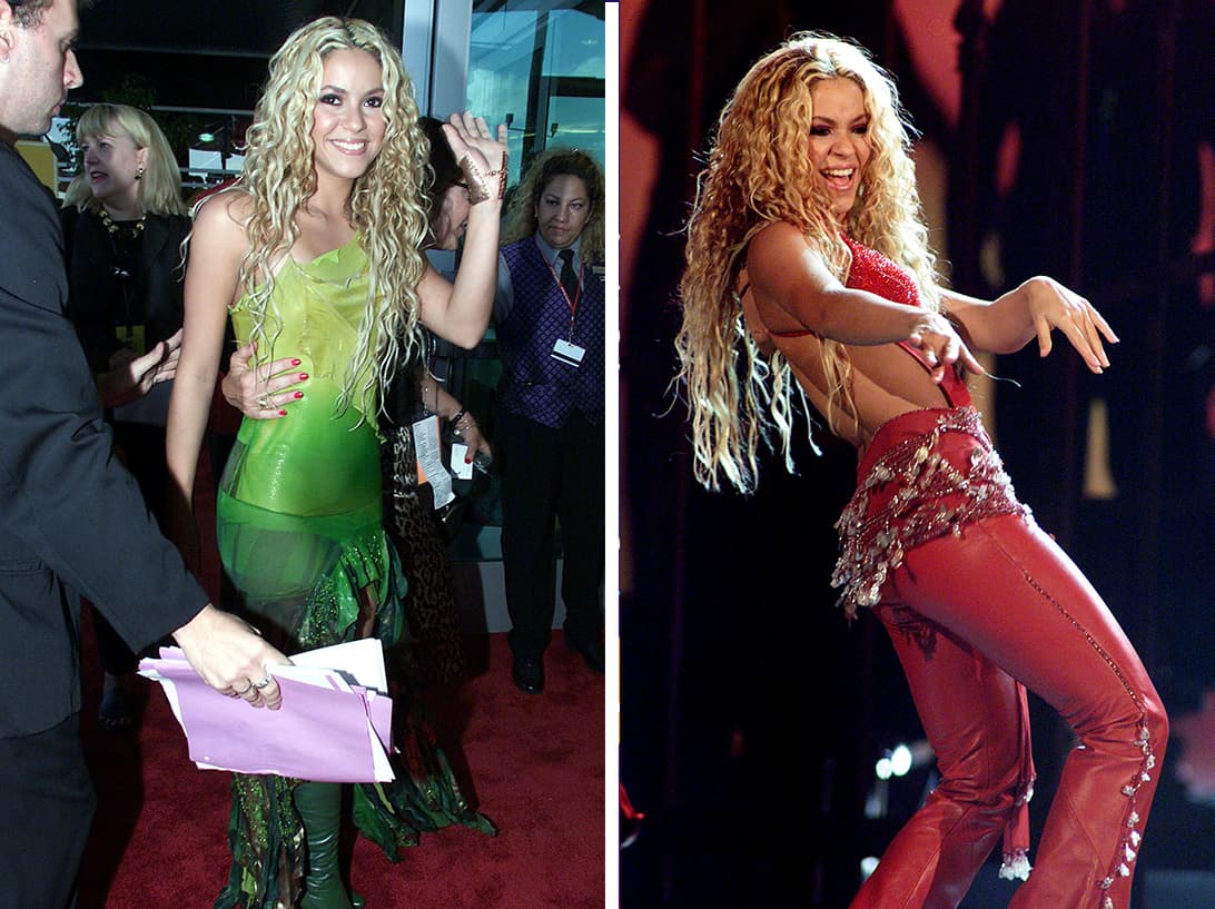 Pero en la primera edición de Latin GRAMMY, en el año 2000, 'Shaki' hizo cambios de vestuario radicales: un vestido verde con escote en la pierna para la alfombra, y unos pantalones rojos de piel con un crop top en el mismo color. No podemos pasar por alto el detalle de la fajilla en la cintura para darle estilo al belly dance con el que deleitó al público al interpretar 'Ojos Así'.