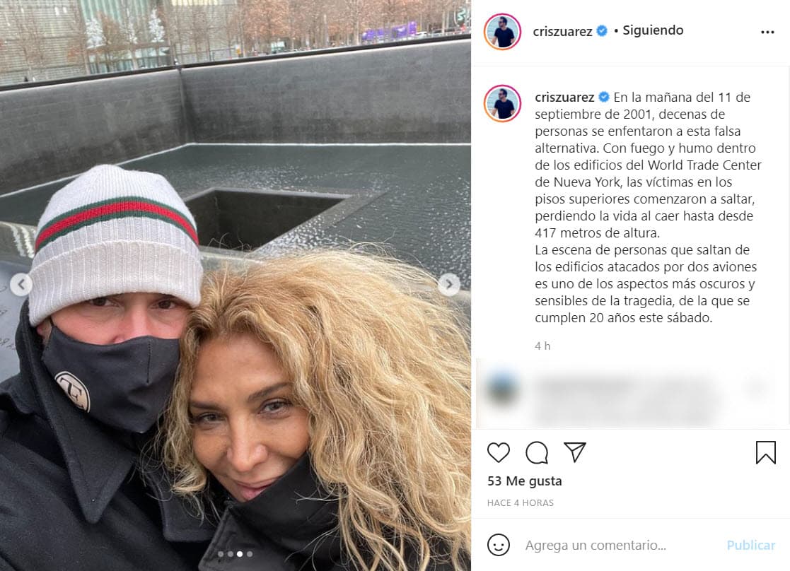 El ex de Laura Bozzo,
<b>Cristian Zuarez</b>, compartió algunas fotografías junto a su esposa en la Zona Cero: "En la mañana del 11 de septiembre de 2001, decenas de personas se enfentaron a esta falsa alternativa. Con fuego y humo dentro de los edificios del World Trade Center de Nueva York, las víctimas en los pisos superiores comenzaron a saltar, perdiendo la vida al caer hasta desde 417 metros de altura. La escena de personas que saltan de los edificios atacados por dos aviones es uno de los aspectos más oscuros y sensibles de la tragedia, de la que se cumplen 20 años este sábado".
