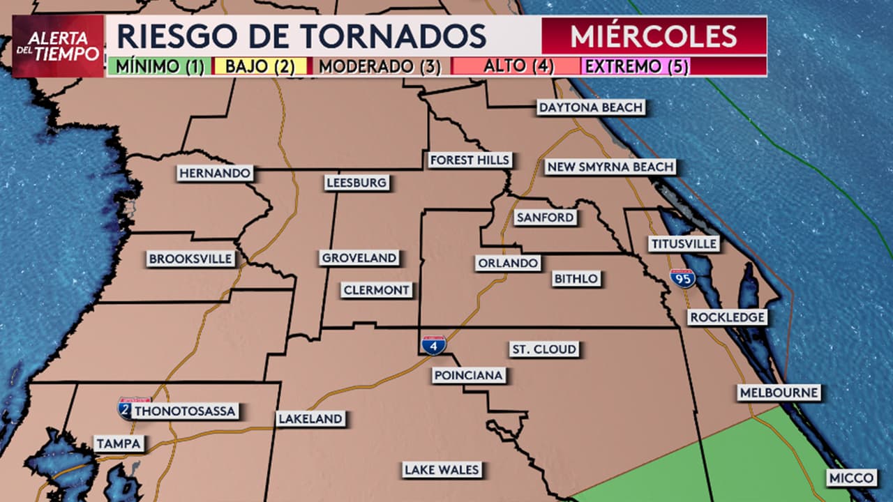 Tiempo severo: Florida Central bajo riesgo nivel 3 de tornados esta noche y la madrugada del jueves