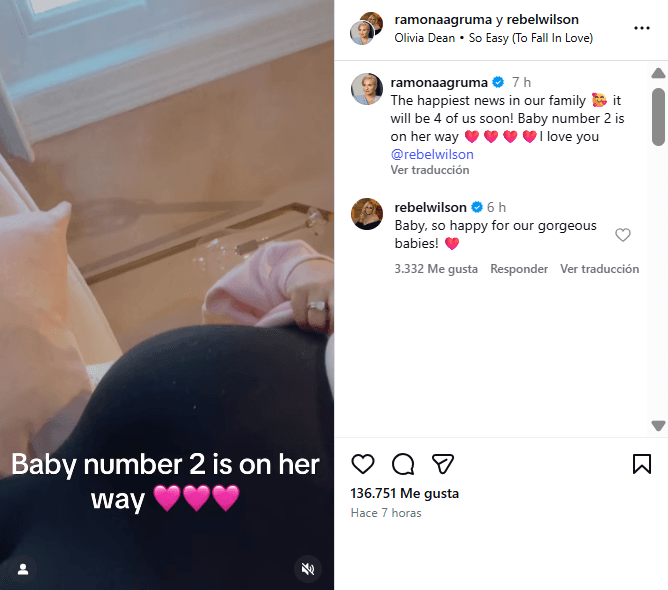 Ramona Agruma, esposa de Rebel Wilson, reveló que está embarazada.