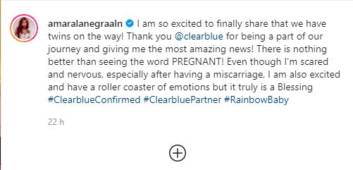 "Estoy muy emocionada por al fin poder anunciar que hay gemelos en camino... ¡No hay nada mejor que ver la palabra EMBARAZADA!", fue parte del mensaje con el que acompañó el post de su anuncio.