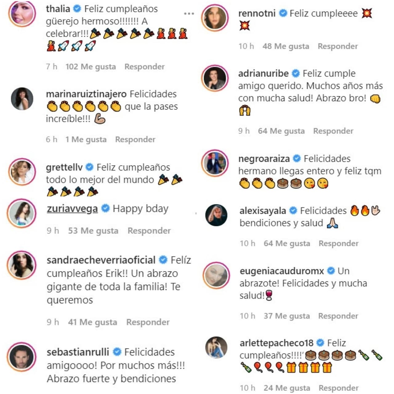 Famosos como Thalía, Sebastián Rulli, Grettell Valdez, Zuria Vega, entre otros, felicitaron al cumpleañero en Instagram.
<br>