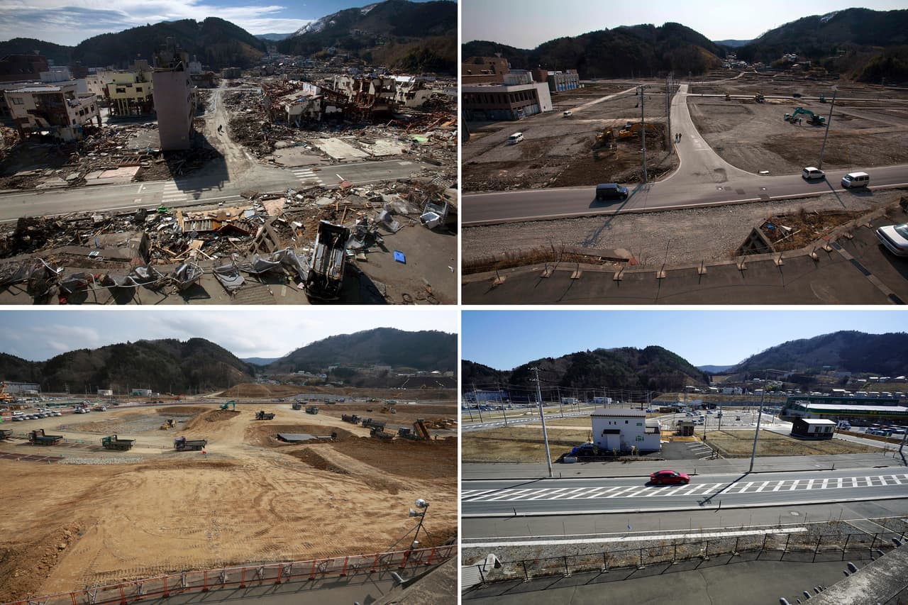 Onagawa, prefectura Miyagi. Arriba y a la izquierda, 19 de marzo de 2011; arriba a la derecha, febrero de 2012; abajo a la izquierda, marzo de 2016 y abajo a la derecha, 5 de marzo de 2021.
