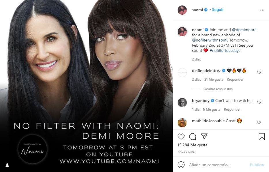 La ex de Ashton Kutcher fue invitada por la supermodelo Naomi Campbell para participar en una entrevista, en la que hablaron de la intervención de Moore en la Semana de la Moda de Alta Costura.