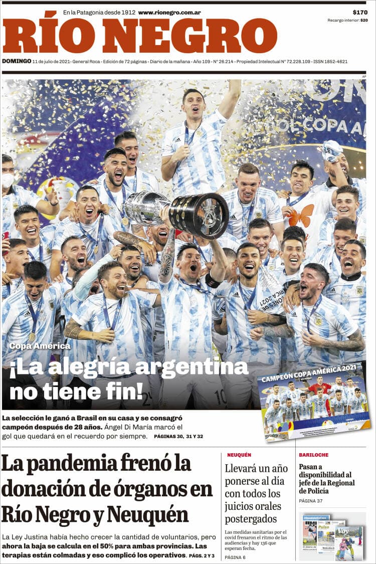Argentina rompe la maldición y 28 años después consigue, de la mano de Lionel Messi, el título de campeones de la Copa América. La prensa argentina enaltece la hazaña, así como la prensa internacional del continente americano.